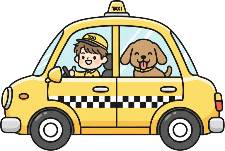 Mutlu köpeği ile sevimli evcil hayvan taksi şoförü sarı taksisinde